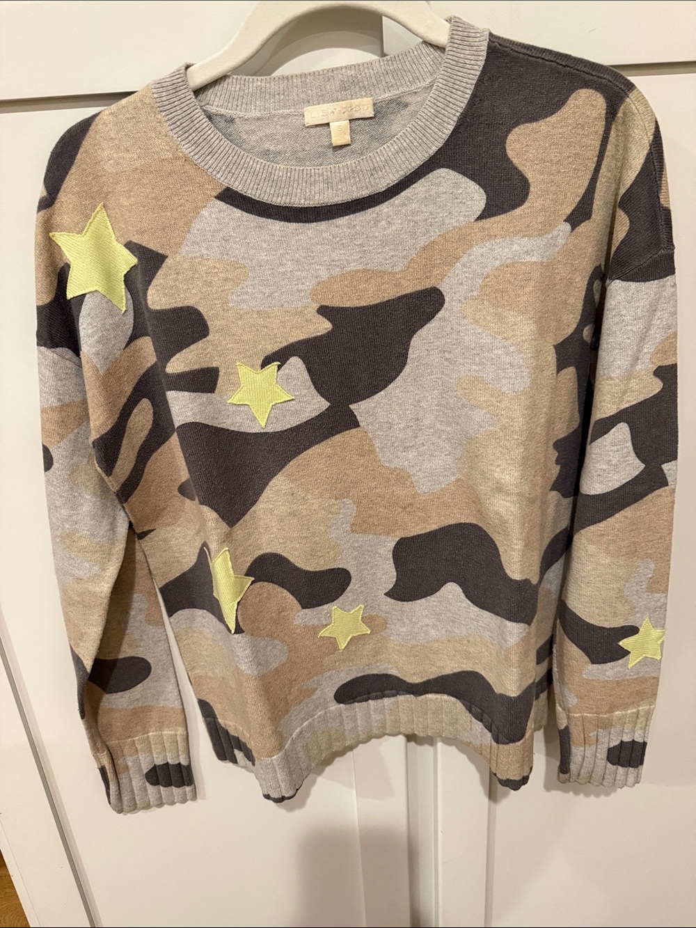 Lisa Todd Camo Crewneck Sweater with Yellow Star Appliqués